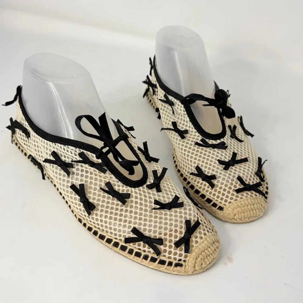 Tory Burch Mesh Bow Espadrille Flats Cream Black Womens 9M Slip On Shoes
